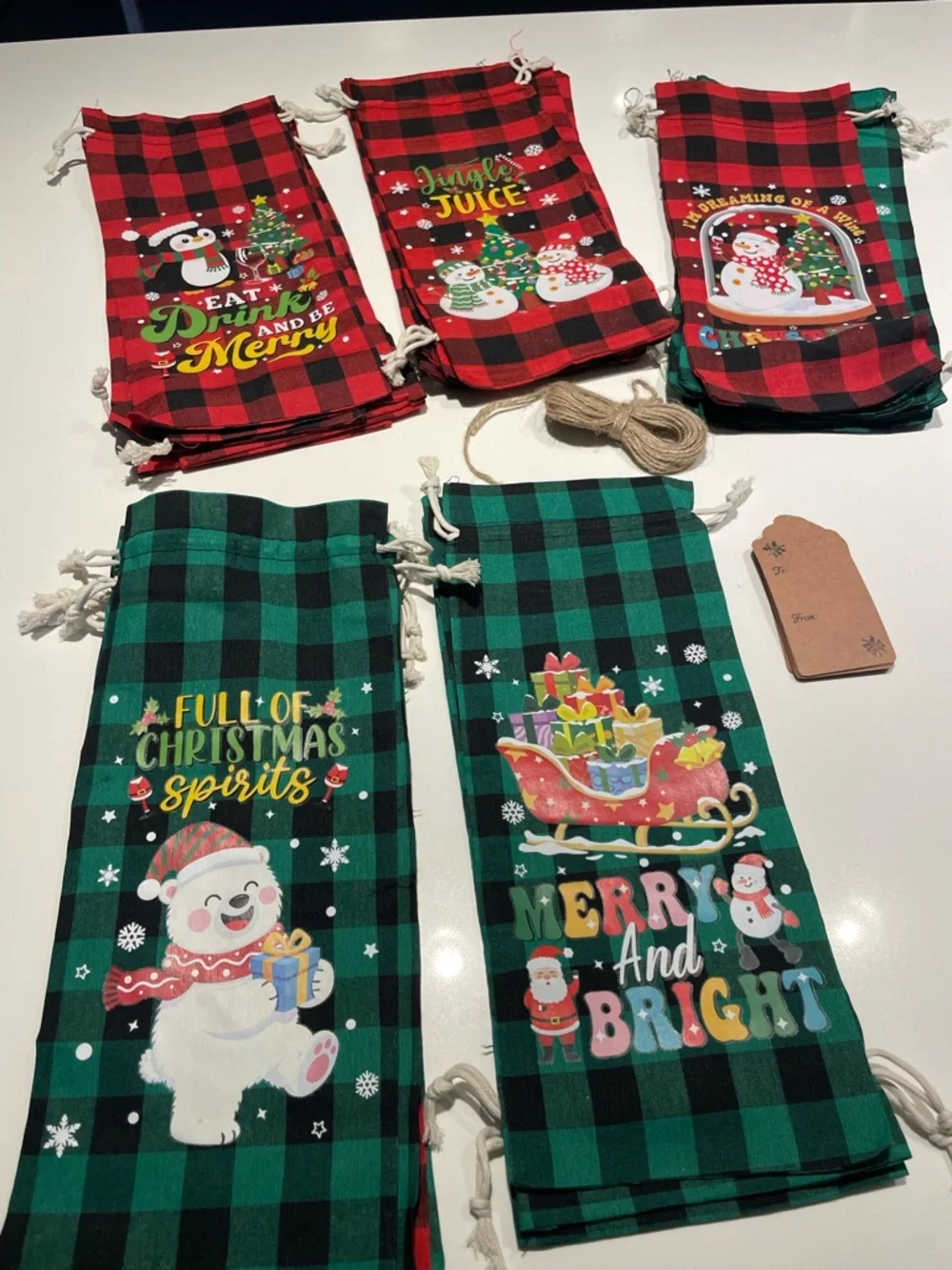 Holiday Buffalo Check Drawstring Wine Bag - Green & Red